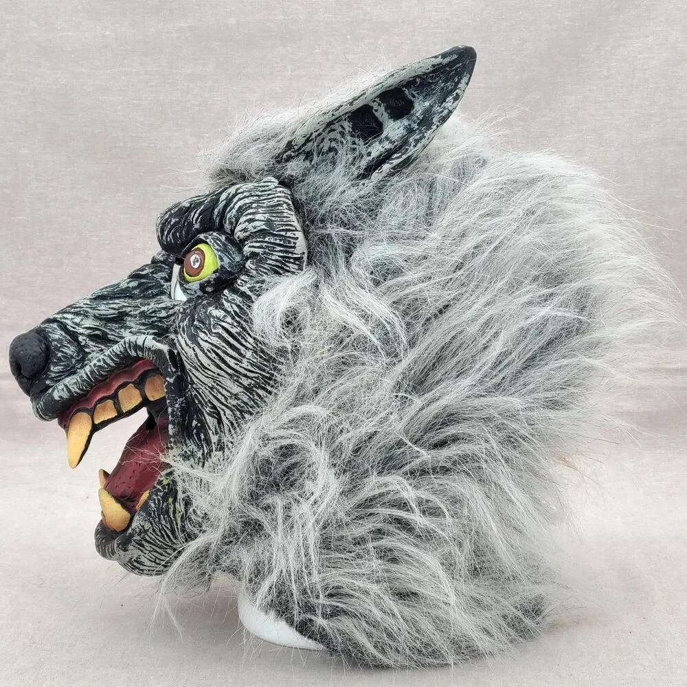 Werewolf Wolf Monster Halloween Deluxe Rubber Mask White Black Gray Faux Fur